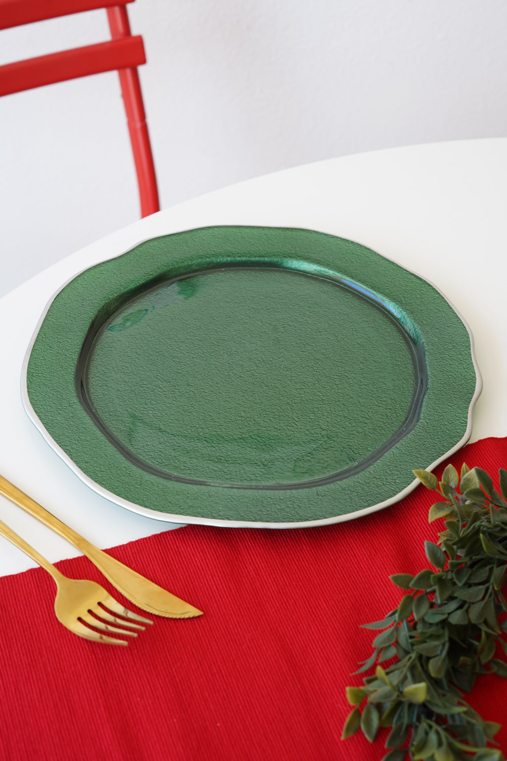 gri detaylı yeşil servis tabağın 6 kişilik